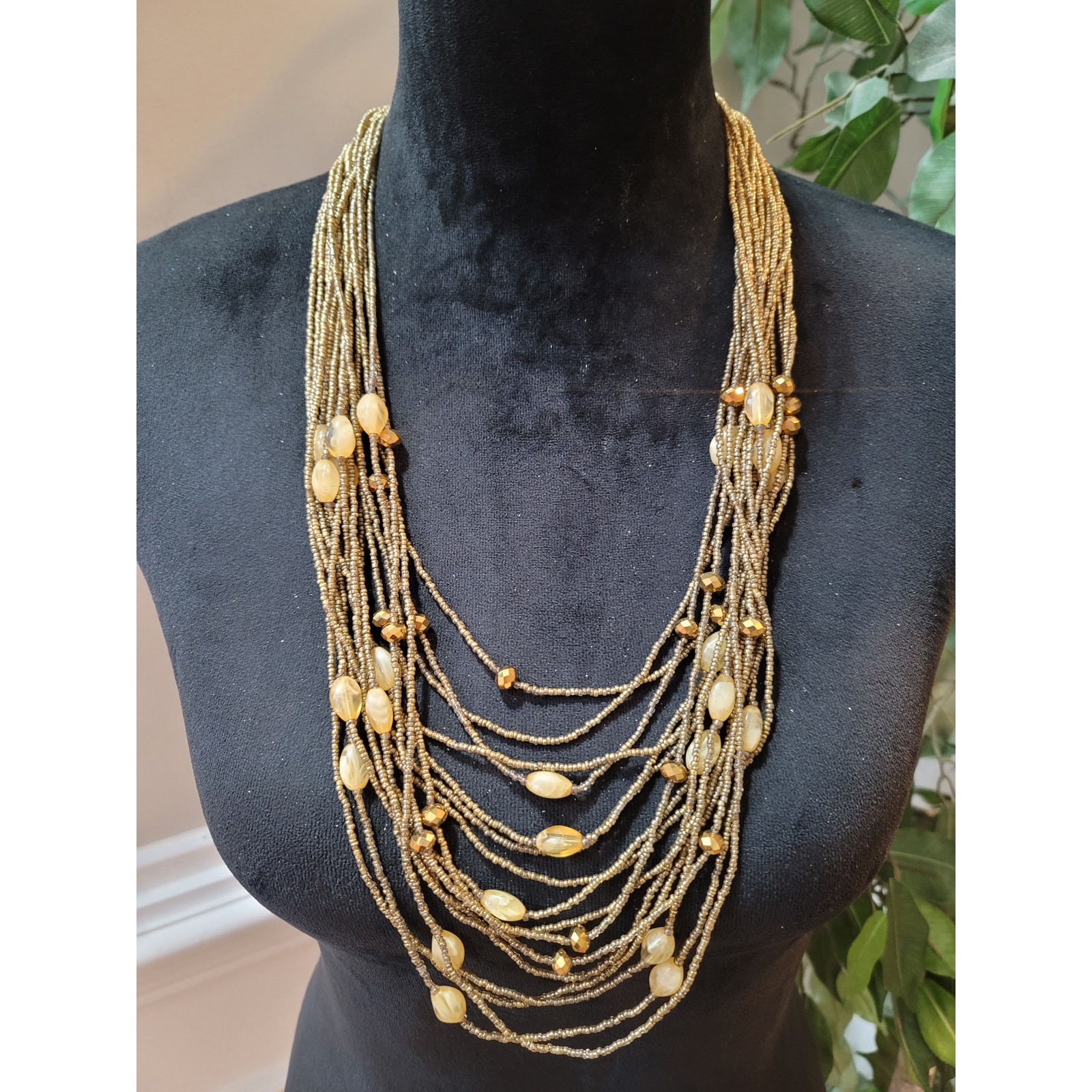 Womens Multi Strand Beaded Statement Necklace Gold Tone Lobster Clasp